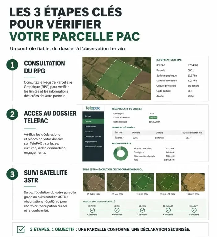Infographie des étapes pour vérifier si une parcelle est déclarée à la PAC