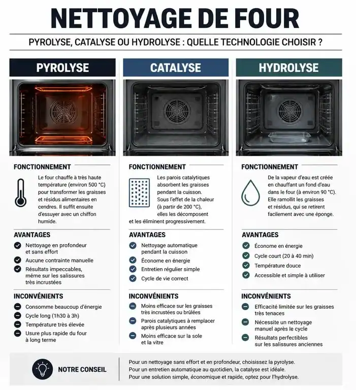 Comparatif des technologies de nettoyage de four : pyrolyse, catalyse et hydrolyse pour bien choisir son four