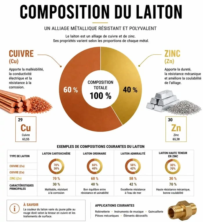 Infographie sur la composition du laiton et ses propriétés techniques