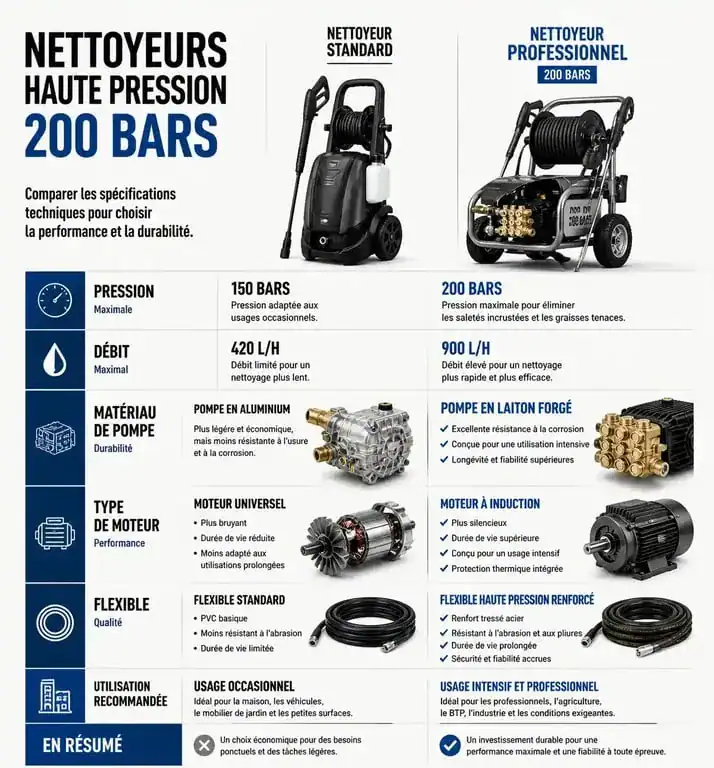 Comparatif technique des nettoyeurs haute pression 200 bars : standard vs professionnel