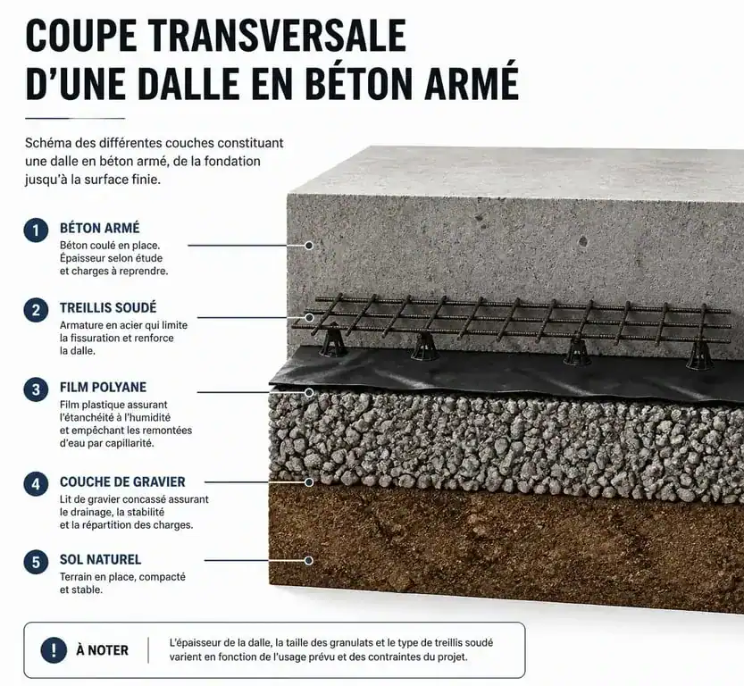 Coupe transversale d'une dalle en béton armé montrant ses composants techniques
