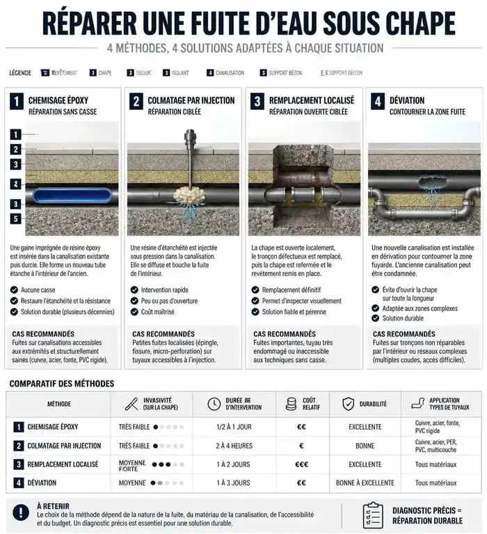 Infographie comparative des méthodes de réparation pour fuite d'eau canalisation enterrée sous chape