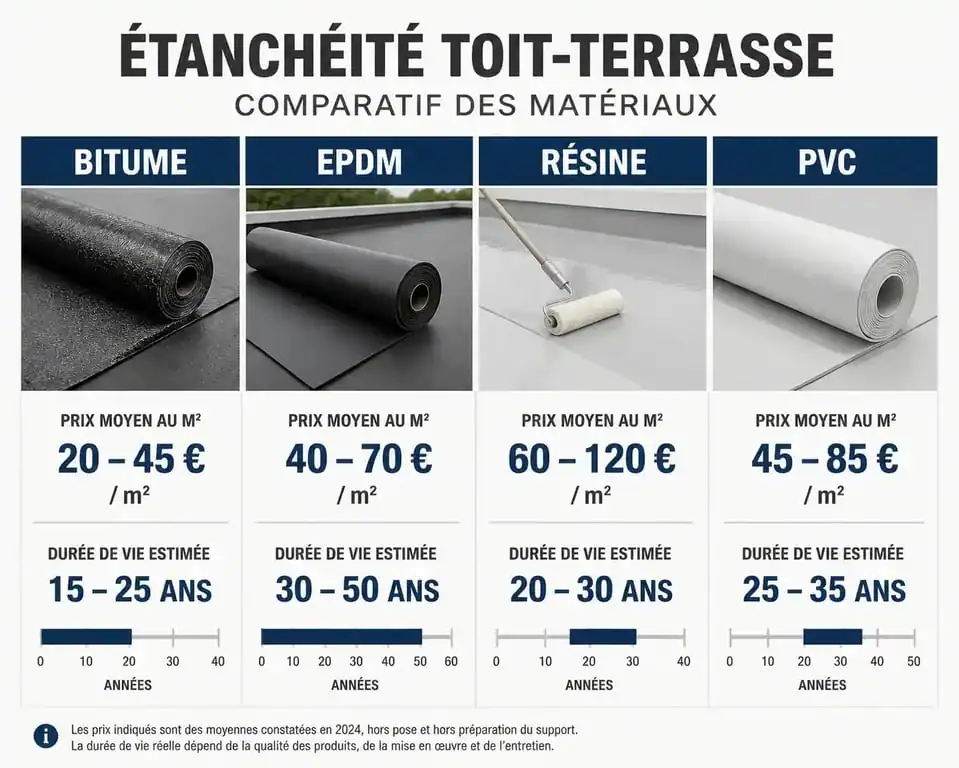 Comparatif des prix au m2 et durée de vie pour l'étanchéité de toit terrasse : bitume, EPDM, résine et PVC.