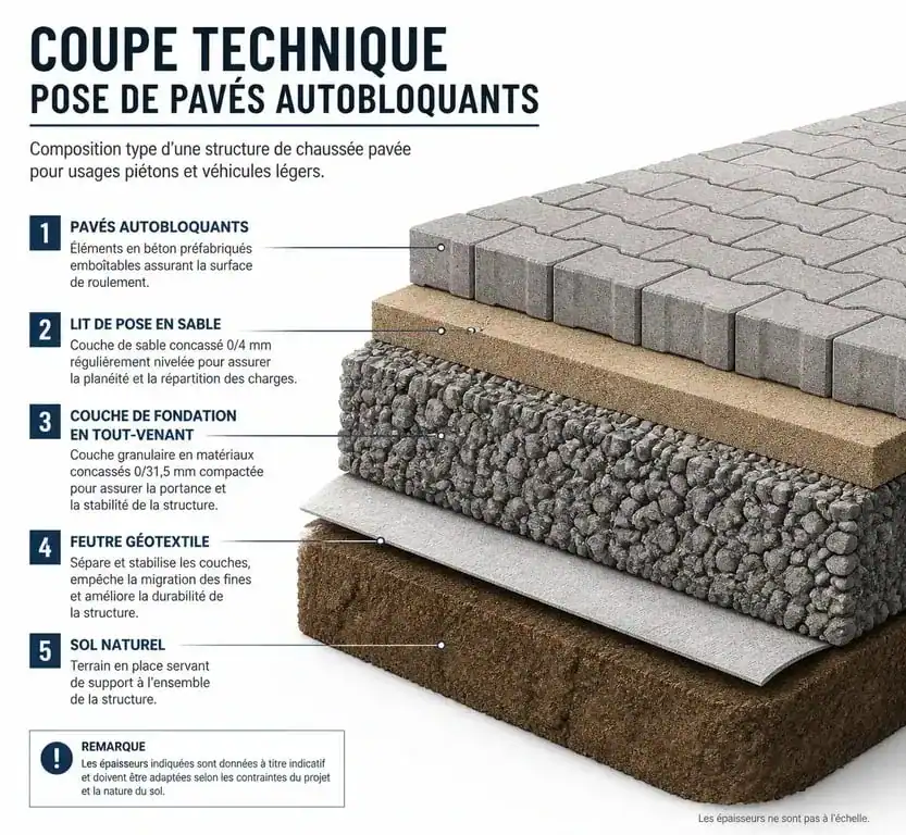 Schéma en coupe des étapes de pose de pavés autobloquants pour une allée durable