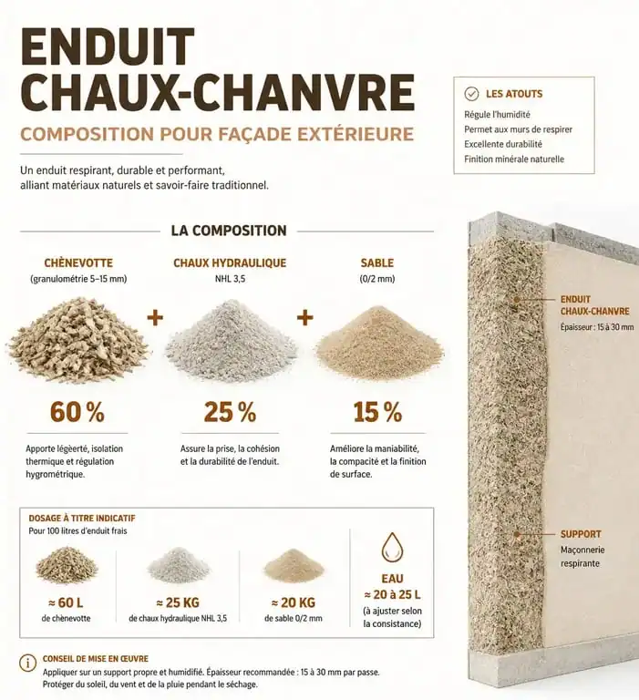 Composition d'un enduit chaux-chanvre extérieur pour façade