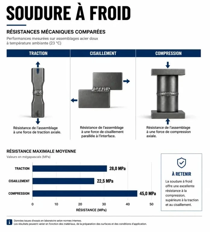 Infographie des performances de résistance mécanique de la soudure à froid : traction, cisaillement et compression.