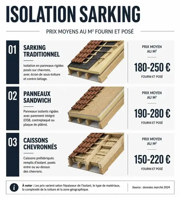 Comparatif des prix au m² pour une isolation de toiture par sarking selon la technique utilisée