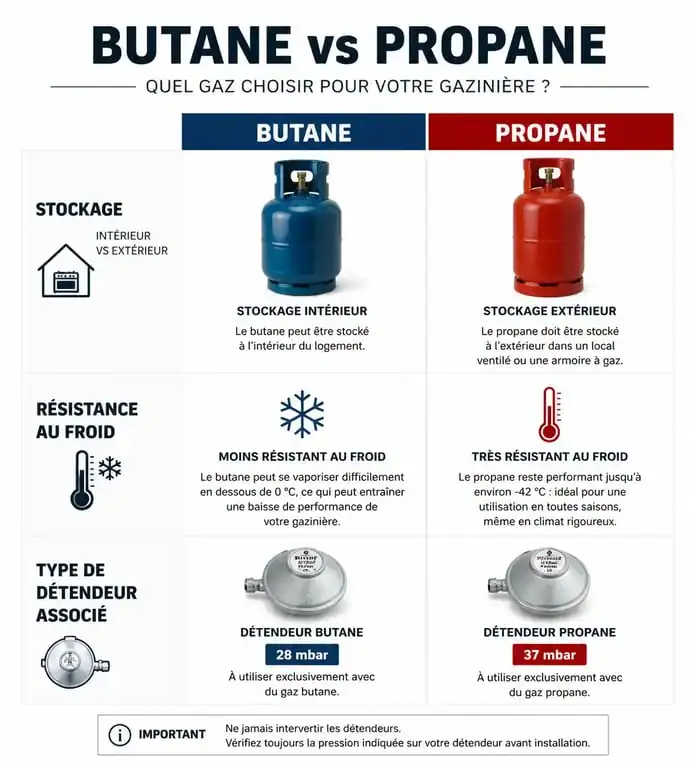 Infographie comparative butane vs propane pour le choix d'une bouteille de gaz pour gazinière