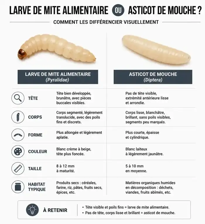 Comparaison visuelle entre larves de mites alimentaires et asticots pour identifier les nuisibles au plafond