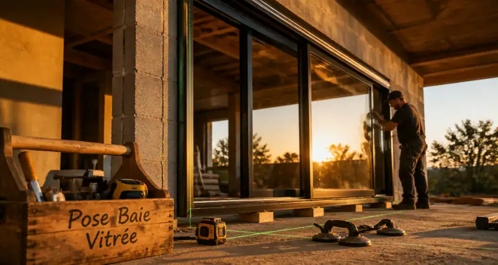 installation baie vitree ouvrier pose cadre aluminium