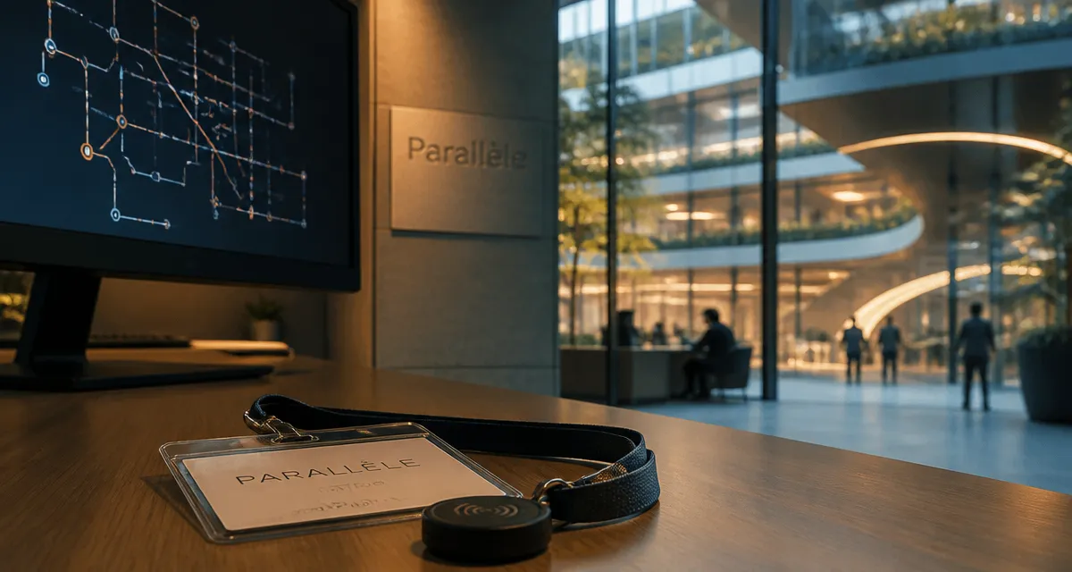 parallèle enedis : hall moderne et badge RFID dans le hub technologique Parallèle