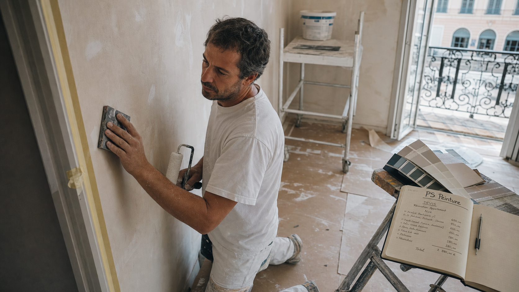ps peinture à Nice : artisan ponce un mur avant peinture