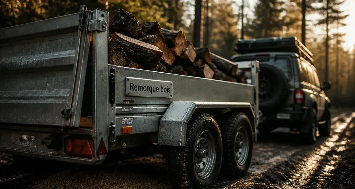 Remorque pour bois de chauffage, benne acier chargée de bûches