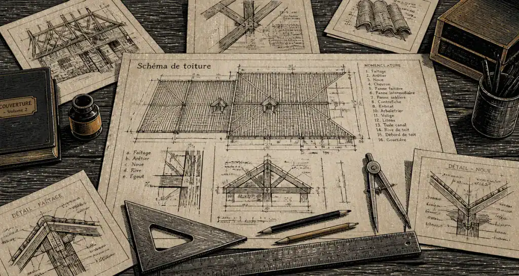 Vue atelier architecture plans toiture schéma