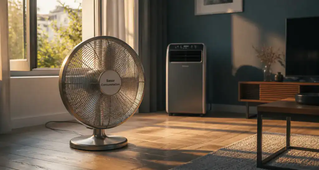 ventilateur basse consommation posé dans un salon lumineux