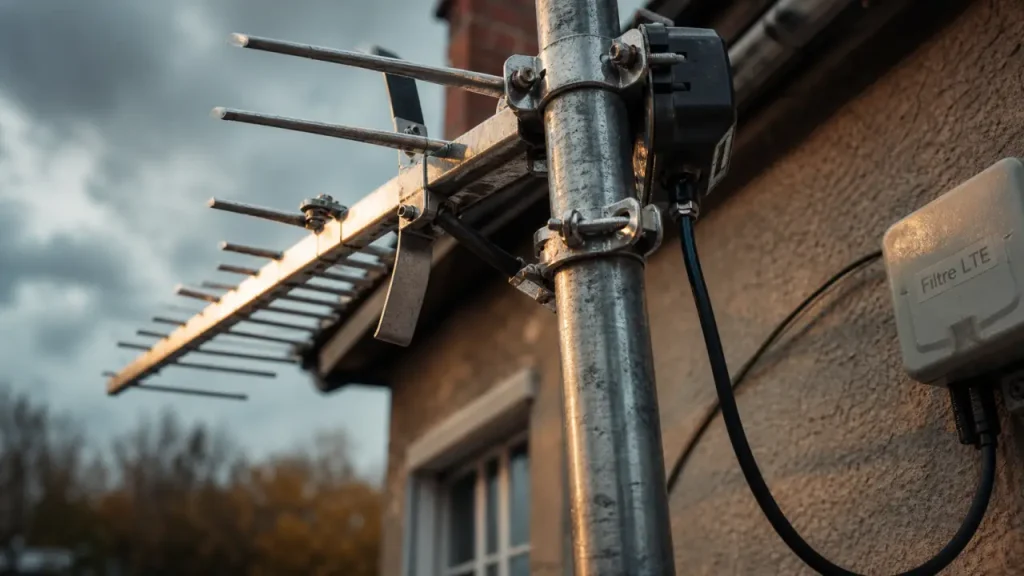 Antenne rateau TNT UHF sur toiture, réception stable