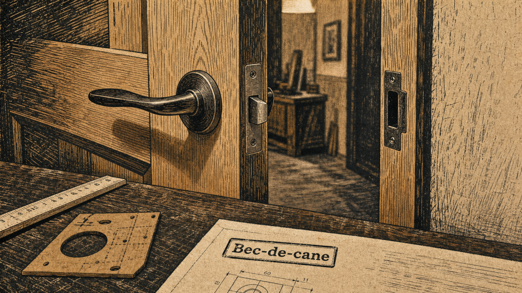 Bec de cane sur porte intérieure, serrure et pose sur chant