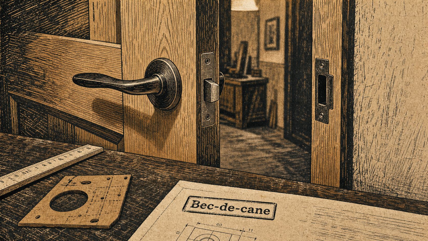 Bec de cane sur porte intérieure, serrure et pose sur chant