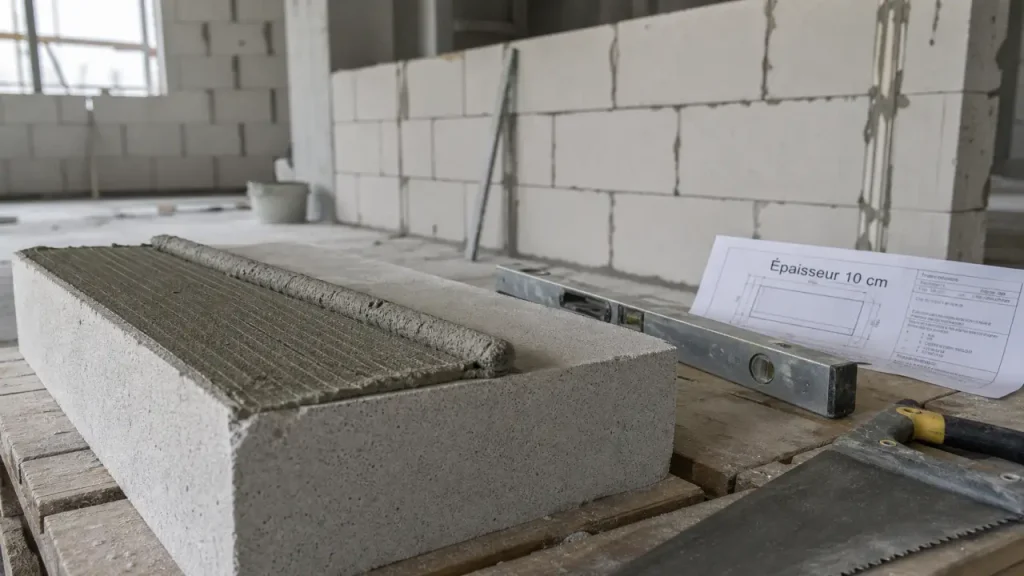 Bloc beton cellulaire, épaisseur 10 cm sur chantier