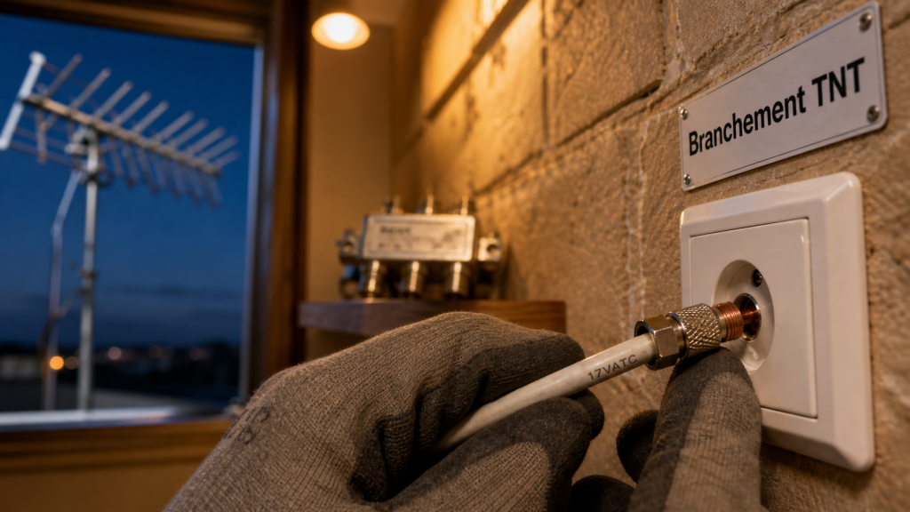 Branchement antenne tv rateau TNT : fiche F sur câble coaxial près de la prise TV