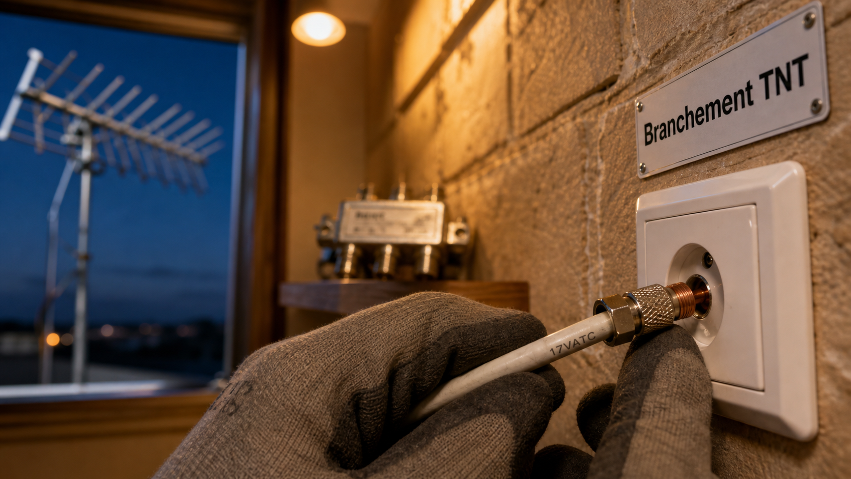 Branchement antenne tv rateau TNT : fiche F sur câble coaxial près de la prise TV