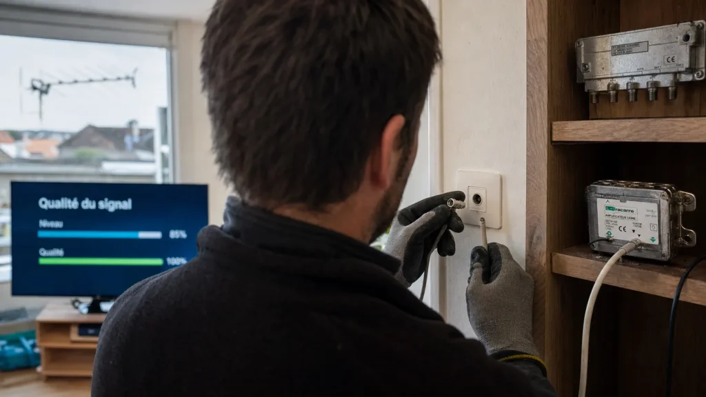 branchement antenne tv schema : connecteur coaxial sur prise TV murale avec répartiteur
