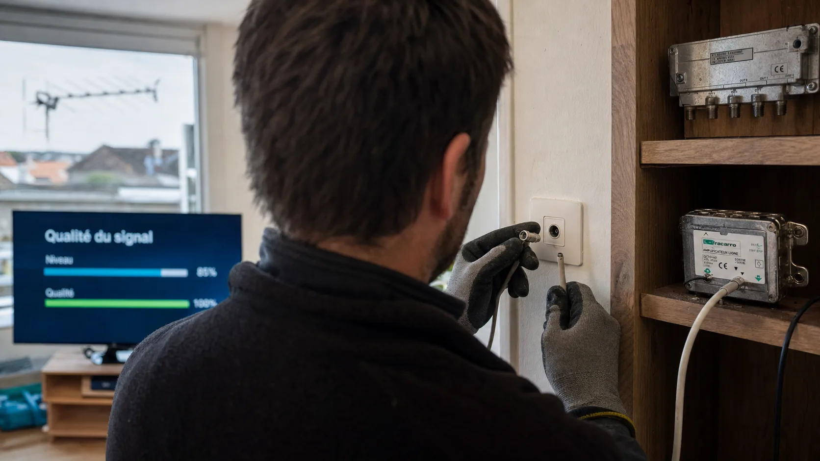 branchement antenne tv schema : connecteur coaxial sur prise TV murale avec répartiteur