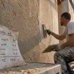 Crepi prix m2 : artisan applique crépi sur façade en rénovation
