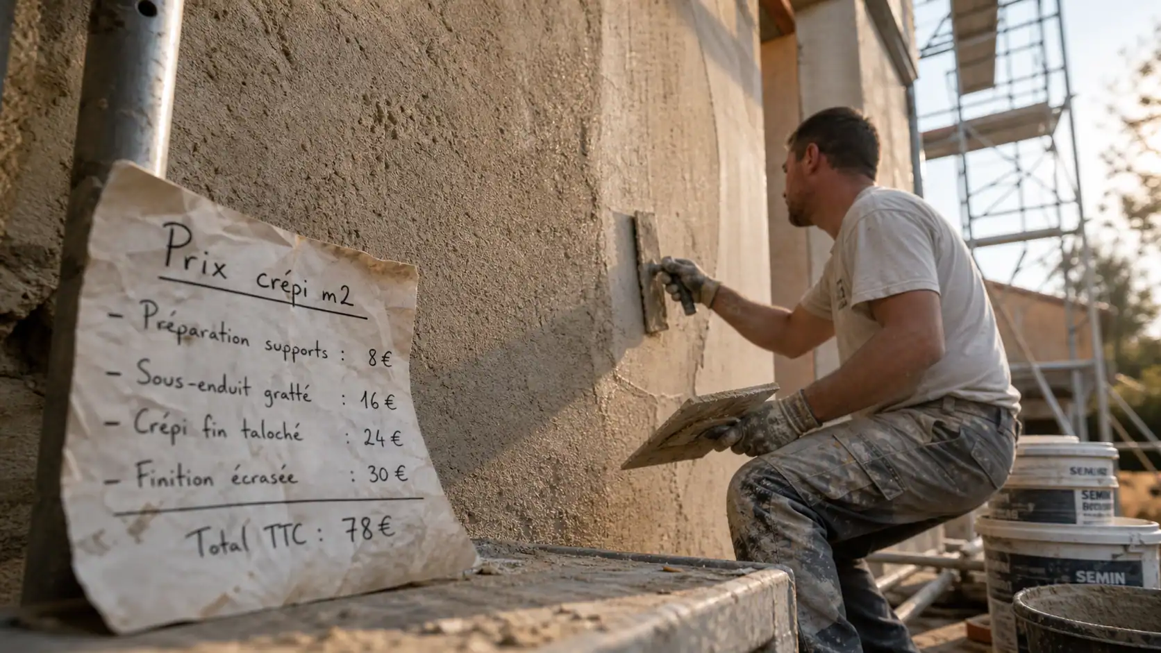 Crepi prix m2 : artisan applique crépi sur façade en rénovation
