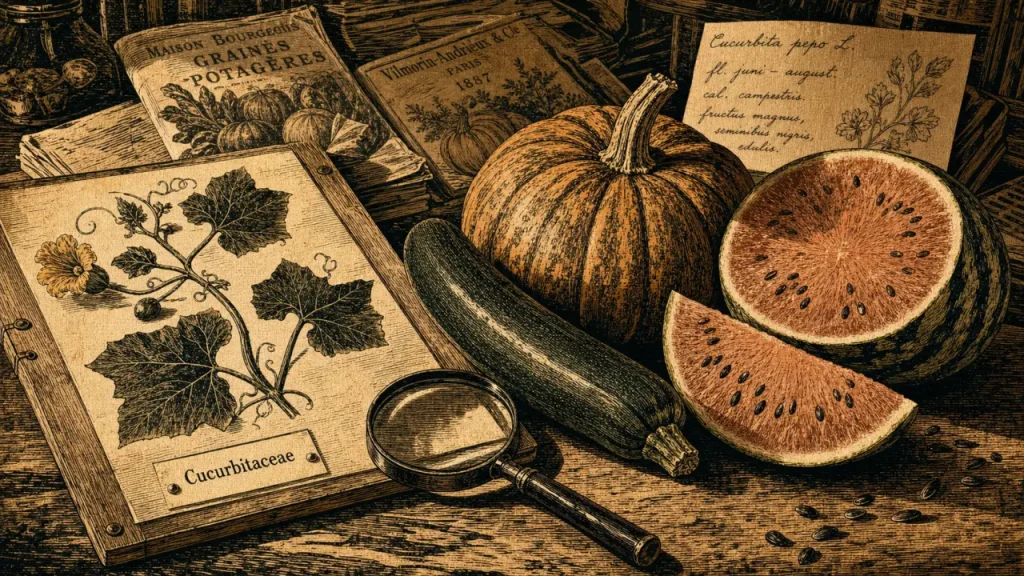 Cucurbitacées liste : courgette, potiron et pastèque tranchée