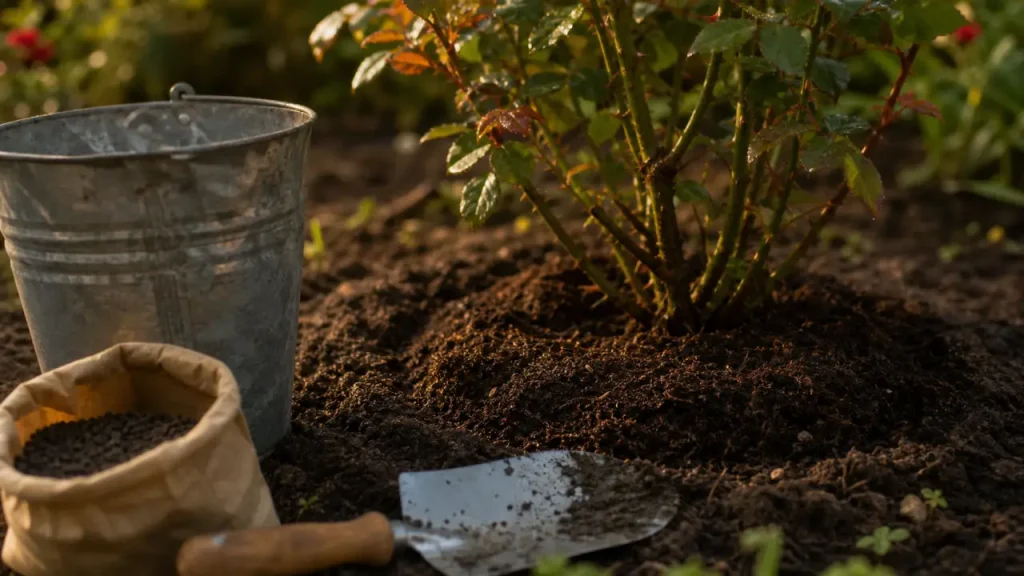 Engrais rosier naturel : compost au pied du rosier, seau et granulés bio