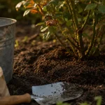Engrais rosier naturel : compost au pied du rosier, seau et granulés bio