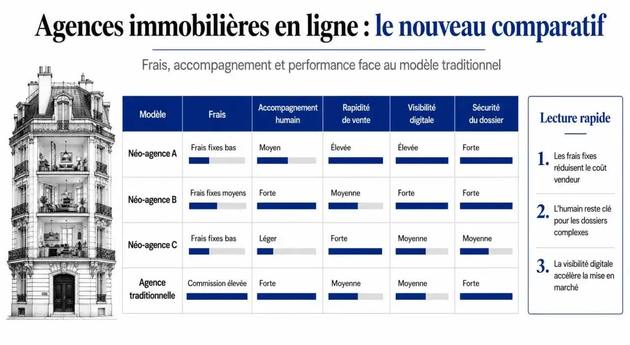 Comparatif de la meilleure agence immobilière en ligne avec critères de frais, accompagnement et rapidité