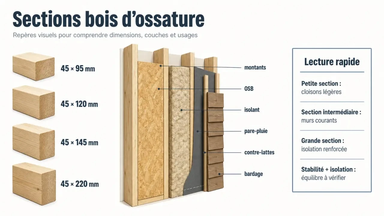 Schéma de section bois ossature avec comparaison des dimensions 45x95, 45x120, 45x145 et 45x220 mm