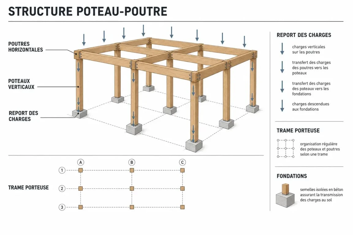 Schéma explicatif du fonctionnement d'une structure poteau-poutre en bois