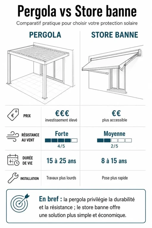 Infographie comparative pergola ou store banne pour choisir sa protection solaire