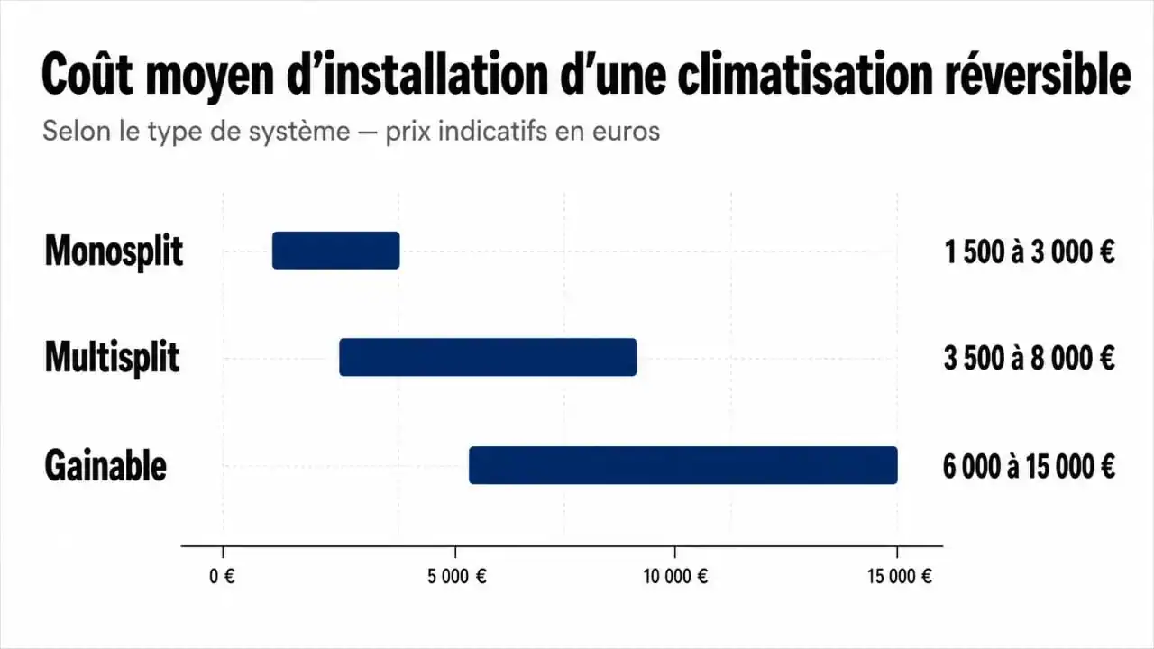 Tableau comparatif des prix d'installation d'une climatisation réversible par type de système