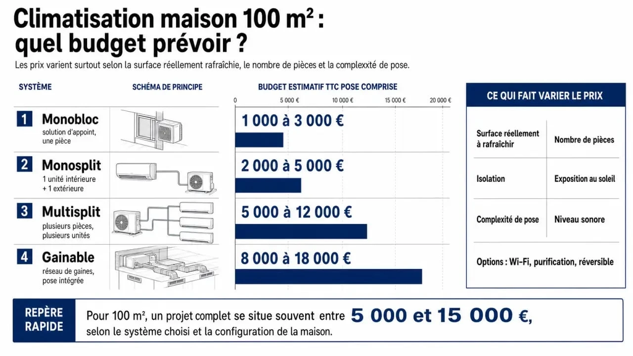 Prix climatisation maison 100m2 : comparaison des systèmes et fourchettes de budget