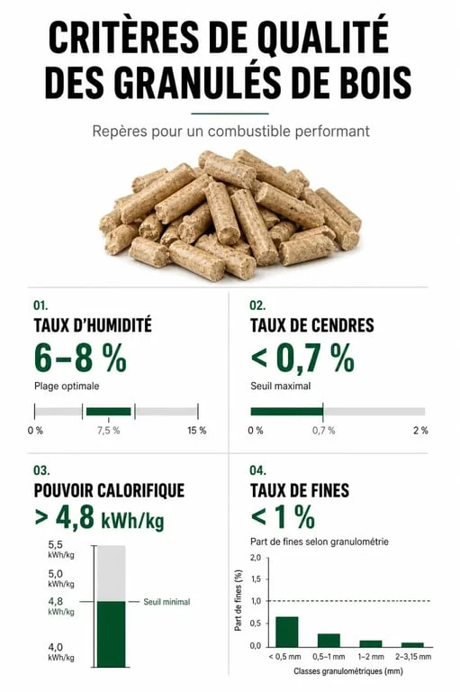 Infographie des critères de qualité pour choisir les meilleures granulés de bois