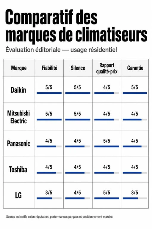 Comparatif des meilleures marques de climatiseurs : Daikin, Mitsubishi, Panasonic, Toshiba et LG