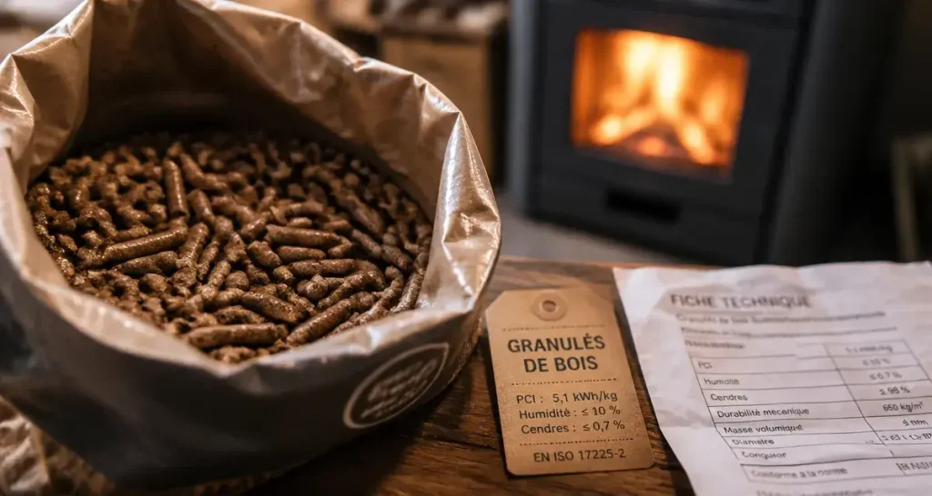 Meilleures granulés de bois : sac ouvert et étiquette technique, combustion optimale