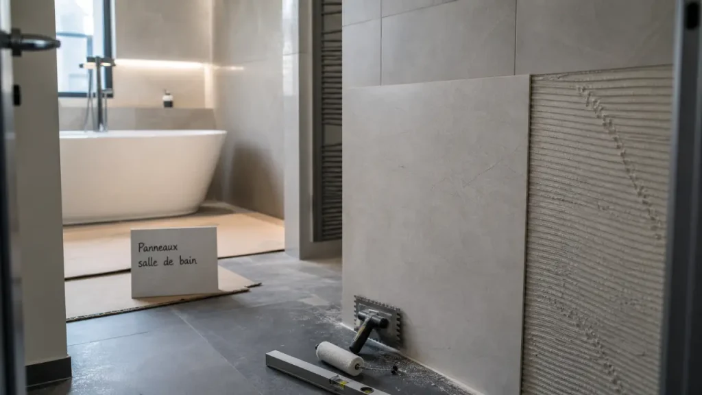 Pose de panneaux d'habillage pour rénover sa salle de bains pas cher, panneau effet pierre