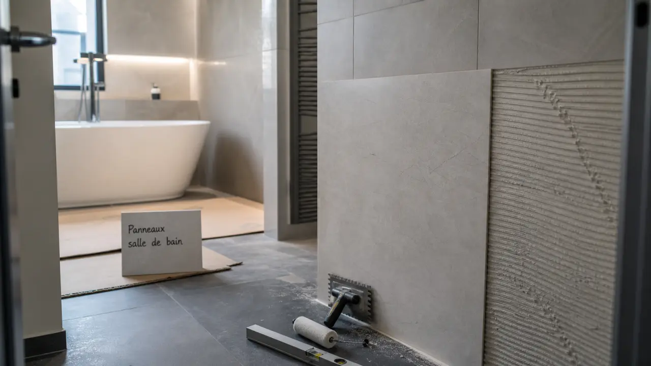 Pose de panneaux d'habillage pour rénover sa salle de bains pas cher, panneau effet pierre