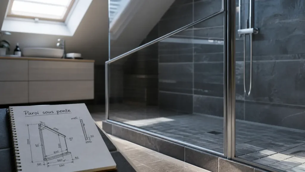 Paroi douche sous pente avec pan coupé en verre trempé sur mesure