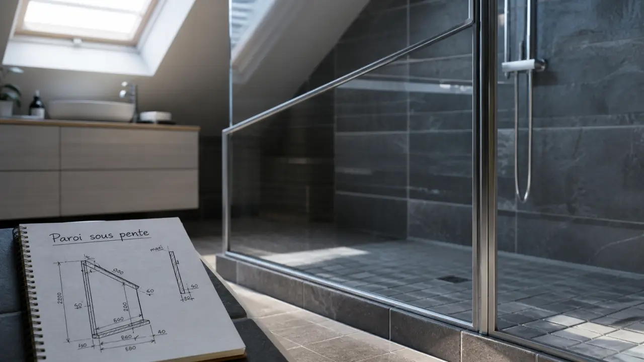 Paroi douche sous pente avec pan coupé en verre trempé sur mesure