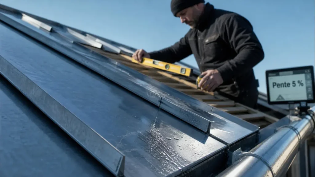 Pente toiture zinc : 5 % sur chantier, joints et recouvrements