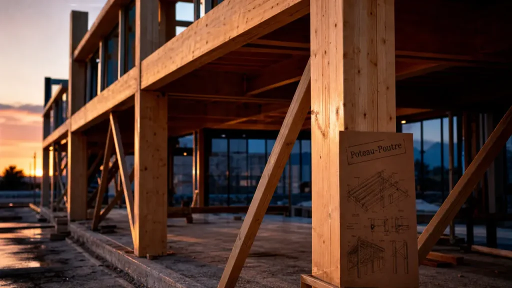 Chantier poteau poutre en bois lamellé-collé, structure visible