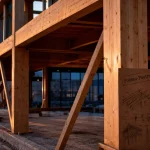 Chantier poteau poutre en bois lamellé-collé, structure visible