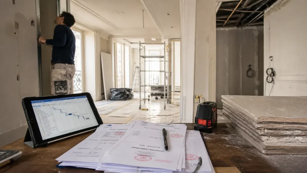 Rénovation appartement Paris 17 en intérieur, chantier et cloisonnement