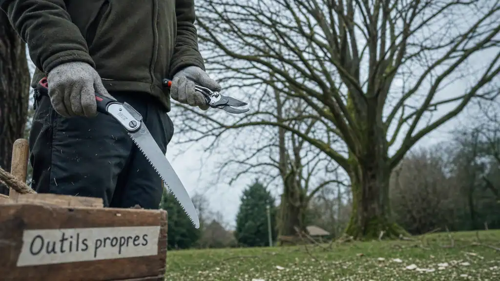 Taille des tilleuls en hiver, outils propres et coupes légères sur tilleul en dormance